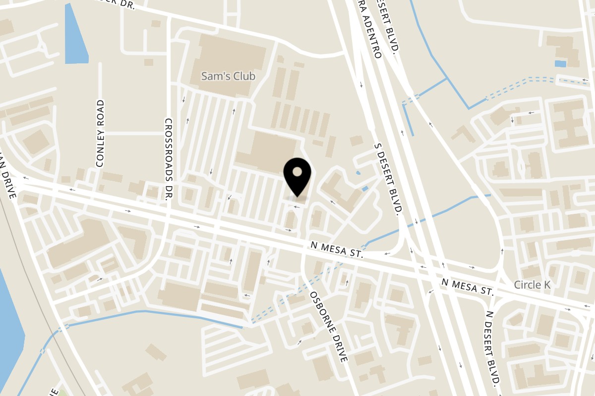 Map showing the location of Westside Pizza Express on 7930 N Mesa St # B13 in El Paso